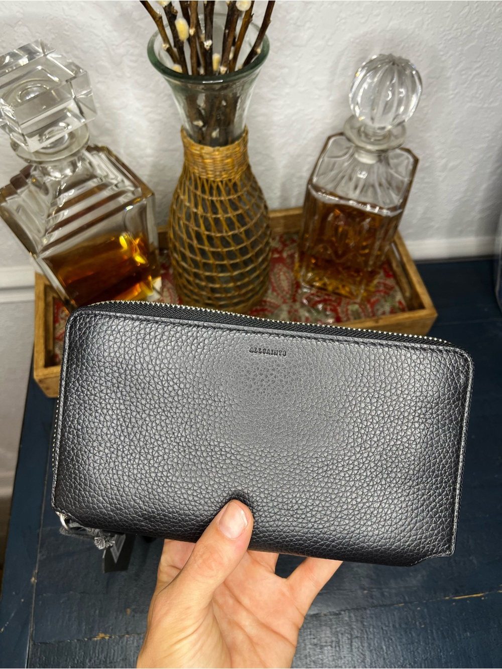 NWT AllSaints Black Pebbled “Fetch” Leather Phone Wallet Zip Pouch